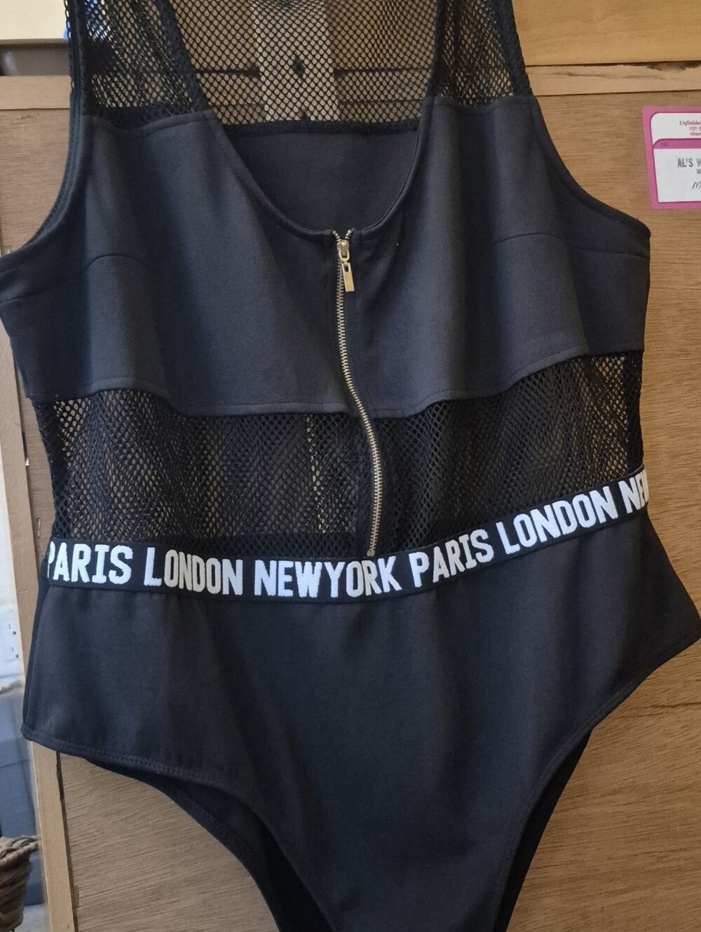 Bodysuit/Swimsuit by Love J 3X Black and black mesh with zipper .